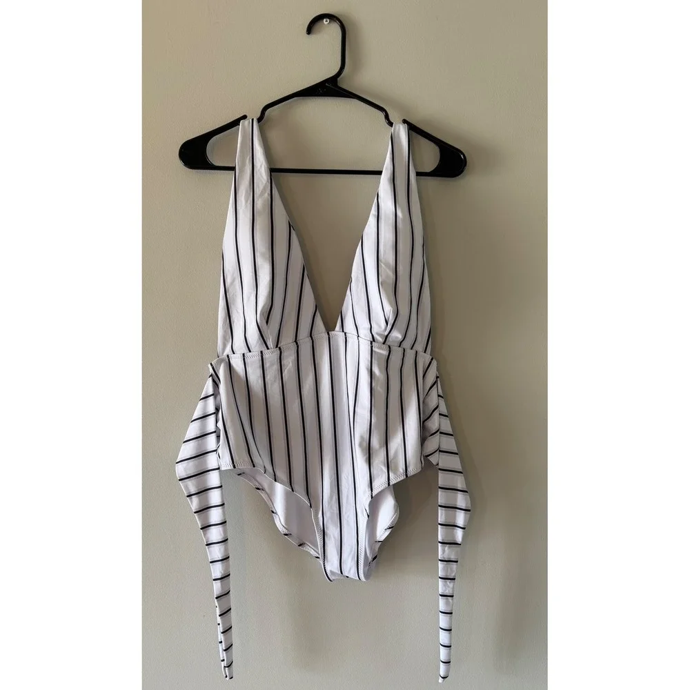 Cupshe White Black and lilac Striped Deep V-Neck Tie Waist One Piece Swimsuit